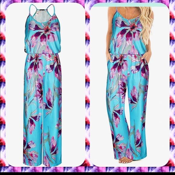 Women's Floral Sleeveless Racer Back Wide Leg Pant Jumpsuits Romper - Picture 3 of 3